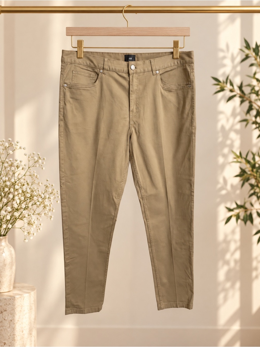 H&M Men’s Slim Fit Khaki Chino Pants Size 36 Stretch Cotton 5 Pocket